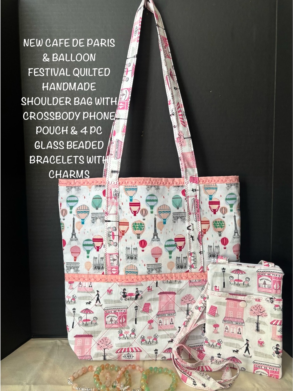 CAFE DE PARIS & BALLOON FEST QUILTED TOTE & PHONE POUCH W/PINK BRACELETS CHARMS